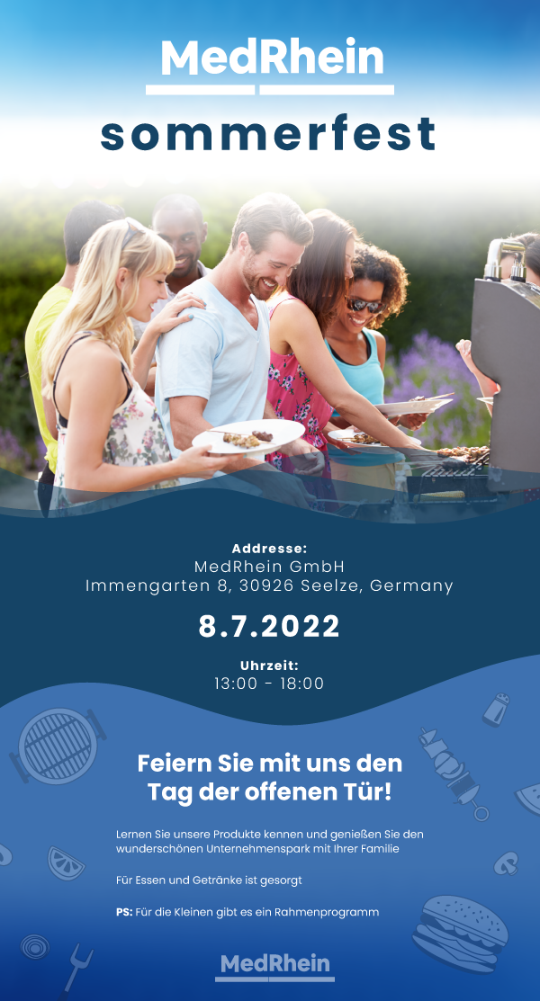 Menschen bei einem Grillfest. Infos zum MedRhein Sommerfest. Adresse Immengarten 7 in 30926 Seelze. 8. Juli von 13 bis 18 Uhr.